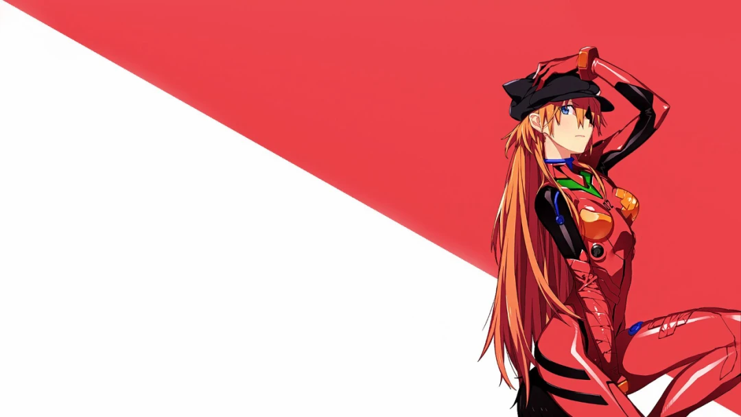 Asuka Langley in her red plugsuit against a red-and-white backdrop